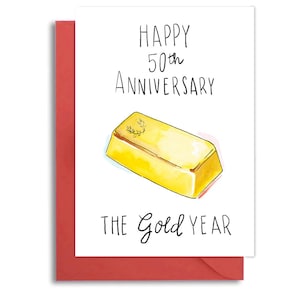 Tarjeta de 50.º aniversario de bodas, aniversario con temática de oro, 50.º aniversario, tarjeta de aniversario para padres, tarjeta de 50.º aniversario con lingote de oro