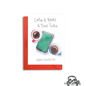 Caffè, libri e chiacchiere tra papà per la festa del papà, biglietto d'auguri per la festa del papà per amanti dei libri, festa del papà tra padre e figlio, festa del papà tra padre e figlia