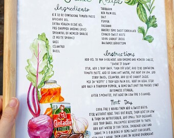Original Art Watercolor Recipe Gift for Mom Wall Art Mother's Day Gift