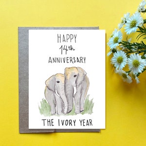 Tarjeta del 14.º aniversario de bodas, regalo del aniversario del año de marfil, 14.º aniversario del esposo, 14.º aniversario, elefantes del aniversario de bodas