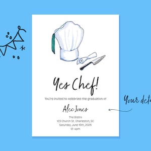 Ja Chef afstuderen uitnodiging, digitale download uitnodiging, CIA Chef afstuderen, banketbakker afstudeerfeestje