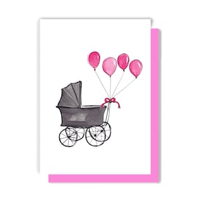 Carte bébé fille, carte bébé garçon, landau avec ballons, carte C'est une fille, carte C'est un garçon, nouveau bébé, carte future maman, ballons nouveau bébé