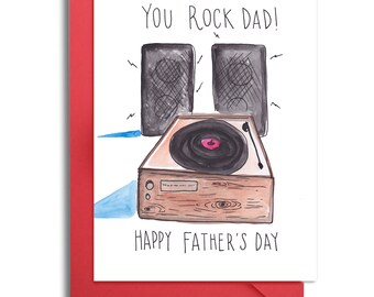 May include: A watercolour illustration of a record player with two speakers and the text "You Rock Dad! Happy Father's Day".