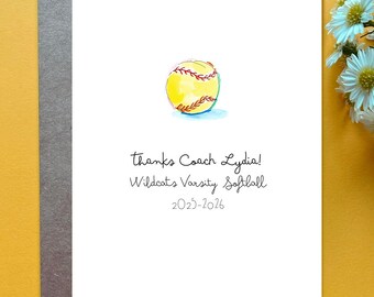 Thank You Card for Softball Coach Watercolor Softball Gift for Coach Customizable Gift