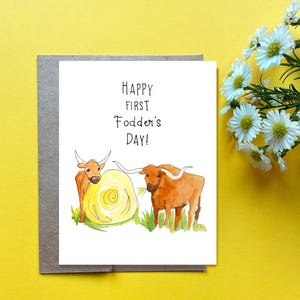 Primeiro cartão do dia dos pais, cartão do dia dos pais do gado Longhorn, dia dos pais do recém-nascido, cartão engraçado do dia dos pais da vaca feliz do dia da forragem
