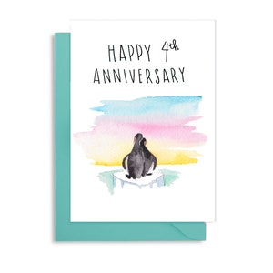 結婚4周年記念カード、4周年記念、ペンギンをテーマにした記念日カード、夫への記念日カード、4周年記念カード