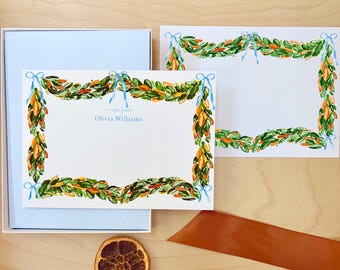 Personalized Stationery Set Custom Luxury Stationary Set for Women Magnolia Greenery with Blue Ribbon Christmas Personalized Thank You Notes