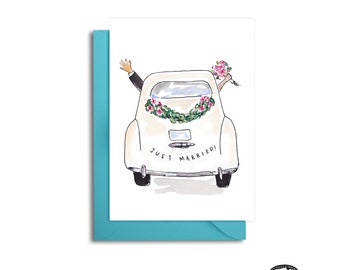 Wedding Getaway Car, Just Married Card, Funny Wedding Card, Getaway Classic Car, Wedding Gift, Bride & Groom Card, Wedding Congratulations