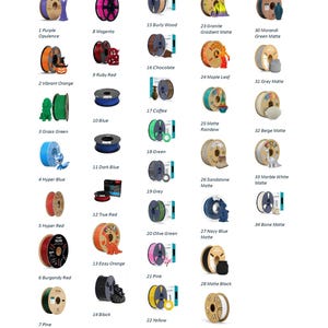 May include: A color chart titled Standard and Matte PLA displaying thirty-four circular spools of 3D printing filament in various solid and matte colors, each labeled with a number and name, accompanied by small 3D printed objects for each color.
