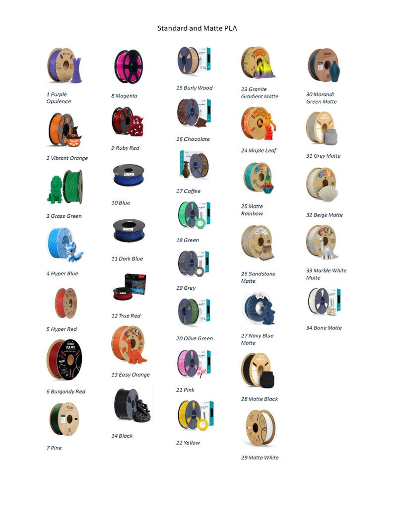 May include: A color chart titled Standard and Matte PLA displaying thirty-four circular spools of 3D printing filament in various solid and matte colors, each labeled with a number and name, accompanied by small 3D printed objects for each color.