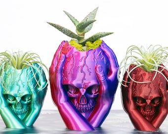Skull Hand Planter | 3D Printed Gothic Skull Vase | Air Plant Holder / Succulent Planter | Spooky Desk Decor | Halloween Home Decor Gift