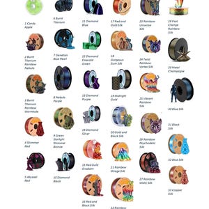 May include: A collection of 33 circular 3D printer filament spools labeled Shimmers, Sparkles, and Silks. Each spool displays a unique color or gradient, including Candy Apple, Burnt Titanium, Diamond Blue, Red and Gold, and various rainbow silk finishes.