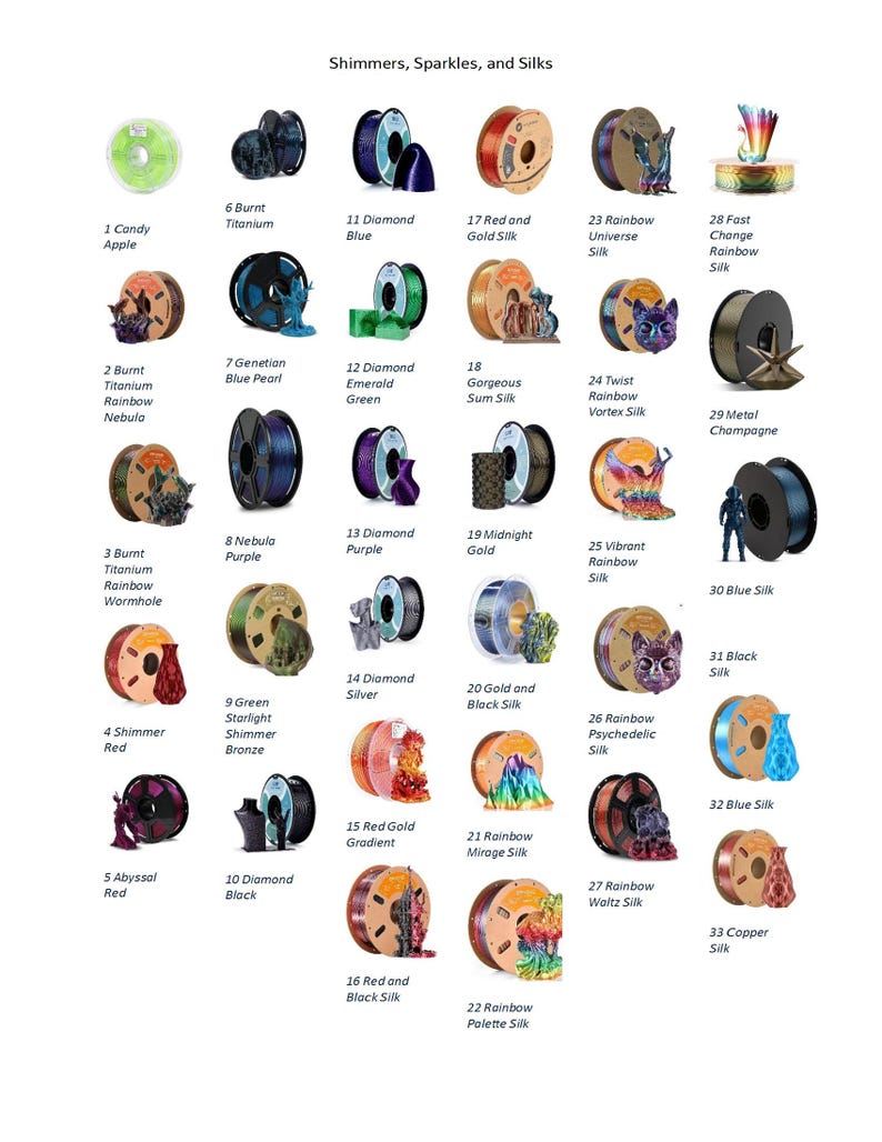 May include: A collection of 33 circular 3D printer filament spools labeled Shimmers, Sparkles, and Silks. Each spool displays a unique color or gradient, including Candy Apple, Burnt Titanium, Diamond Blue, Red and Gold, and various rainbow silk finishes.