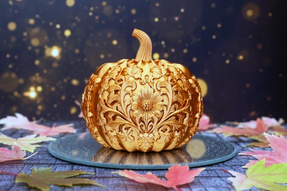 Ornate 3D Printed Pumpkin – Elegant Fall & Halloween Décor | Carved Floral Pumpkin Centerpiece
