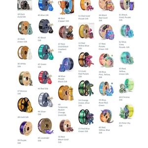 May include: A comprehensive color chart titled Shimmers, Sparkles, and Silks displaying thirty-two circular spools of 3D printing filament. Each spool is labeled with a number and color name, accompanied by a small printed object showcasing the material's finish, ranging from solid metallic tones to multi-colored gradients.