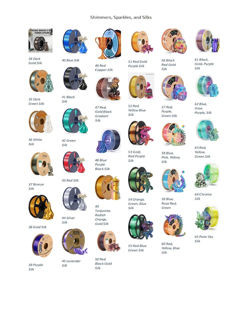 May include: A comprehensive color chart titled Shimmers, Sparkles, and Silks displaying thirty-two circular spools of 3D printing filament. Each spool is labeled with a number and color name, accompanied by a small printed object showcasing the material's finish, ranging from solid metallic tones to multi-colored gradients.