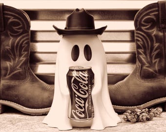 Cowboy Sippy Ghost Can Holder, Western Halloween Decor, 3D Printed Drink Holder, Cute Spooky Gift, Country Boo Bar Accessory