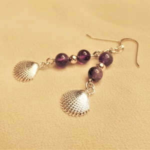 Concha earrings with Camino scallop shell symbol + amethyst gems