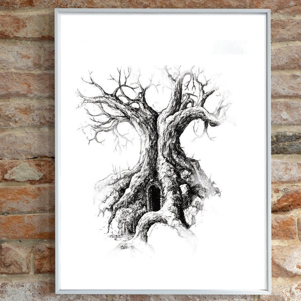 Fantasy Tree Print | Black and White pen drawing of a haunted Oak Tree