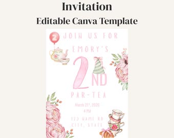 Bearbeitbare Tea Party Einladung Vorlage | Par-Tea Einladung | Tea Party Geburtstag einladen | Einladung zur Party | Canva Vorlage