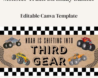 Bearbeitbare Monster Truck Geburtstagsbanner Vorlage | DIY handbemalte Girlanden | Canva Vorlage | Sofort Download