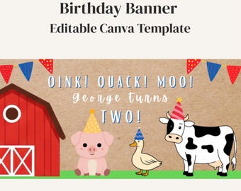 Bearbeitbare Barnyard Geburtstagsbanner Vorlage | Bauernhof Tier Geburtstag Dekor | Oink Quack Moo Geburtstagsbanner | Zwei The Farm Girlanden | Leinwand