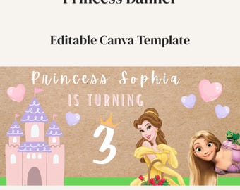 Bearbeitbare Prinzessin Geburtstagsbanner Vorlage | Prinzessin 3. Geburtstag Party Dekoration | DIY Prinzessinnen Girlande | Canvas Party Leuchtschild