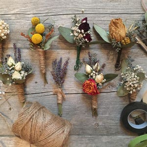 Dried wedding Boutineere, Billy Ball boutineer, country wedding, custom boutonnieres , fall wedding, dried craspedia, gypsophillia dried