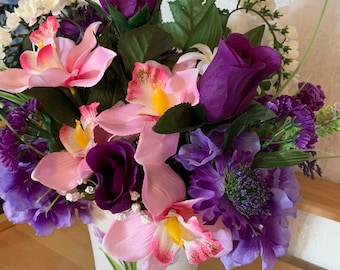 Purple Silk Flower Arrangement in Painted Vase