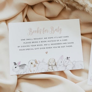 EVIE Häschen Bücher für Baby Karte druckbar, kleines Häschen bringen eine Buch Karte für Babyparty, niedliche Pastell Aquarell Häschen-Kaninchen-Babyparty