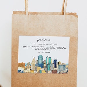 Plantilla de etiqueta de bolsa de bienvenida con el horizonte de KANSAS CITY, pegatinas para bolsas de bienvenida de Missouri, nota para bolsa de bienvenida de boda, etiqueta para bolsa de bienvenida de boda de destino