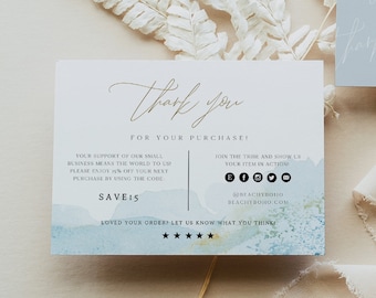 GEMMA Small Business Thank You Card Template, Blue Watercolor Thank You Package Insert, Beach Business Thank You Thank You For Your Purchase