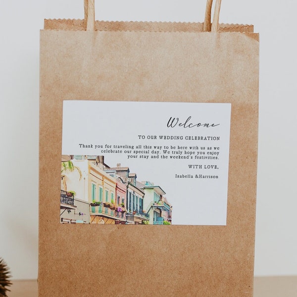 NOLA New Orleans Welcome Bag Label Template, Bourbon Street Wedding Welcome Bag Stickers, Wedding Welcome Bag Note, Mardi Gras Bachelorette