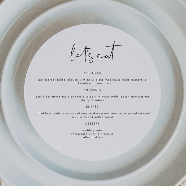 ADELLA Minimalist Round Menu Template, Modern Menu Cards, Wedding Menu Printable, Menu with Place Card Back, Menu with Guest Name