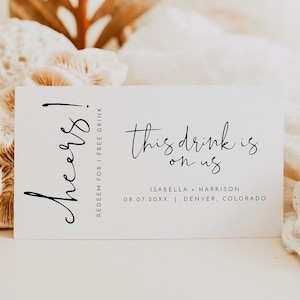 Minimalistische kaartsjabloon voor bruiloftsborrel, This Drink is On Us-kaart, moderne kaart met gratis borrel - ADELLA
