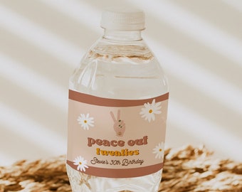 STEVIE 70's Peace Out Twenties Water Bottle Label, 30th Birthday Water Bottle Label, Retro Daisy Peace Sign Water Bottle Label Editable Text