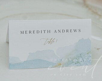 sky name card Printable blue watercolor escort card calligraphy place card ocean blue wedding name card printable ocean place card