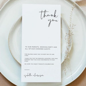 Minimalistischer Hochzeitstisch Dankeskarten-Vorlage, Hochzeits-Serviettennotiz, modernes Gedeck Dankeskarte, Hochzeitsmenü-Dankeskarte - ADELLA