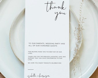 Minimalist Wedding Table Thank You Card Template, Wedding Napkin Note, Modern Place Setting Thank You, Wedding Menu Thank You Card - ADELLA