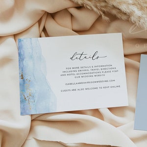 Modelo de cartão de detalhes de casamento em aquarela azul BLAKELY, cartão de anexo de casamento no oceano para impressão, acomodações para casamento tropical editáveis DIY