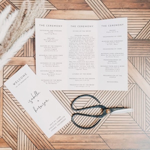 Modèle imprimable de programme de mariage à trois volets minimaliste ADELLA, carte pliable à trois volets moderne de l'ordre de service, modèle de programme de mariage