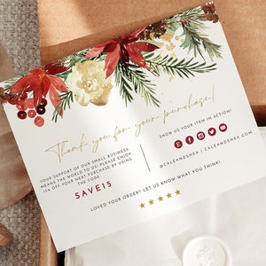 JOY Red Floral Pine Christmas Holiday Small Business Karta z podziękowaniami Szablon wkładki do opakowania