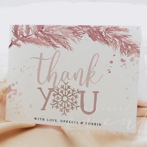 Modèle de carte de remerciement pin rose, carte de remerciement bébé Noël, hiver Onderland Merci imprimable, neige décembre vacances fard à joues - RORY