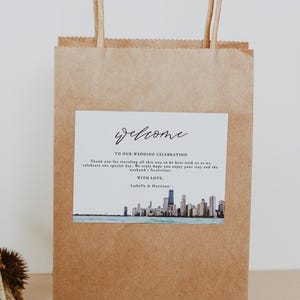 Modello etichetta borsa di benvenuto Skyline, adesivi borsa di benvenuto Chi Town, nota borsa di benvenuto matrimonio, etichetta borsa di benvenuto matrimonio destinazione fai da te CHICAGO