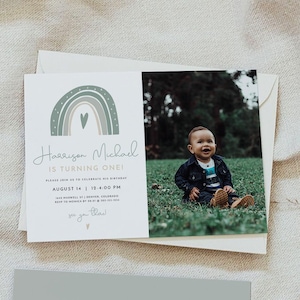 GITA Rainbow Birthday Invitation EDITABLE COLORS, Sage Rainbow First Birthday Invitation Template, Boy Rainbow Birthday Earth Tone Diy
