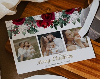 HOLLY Photo Christmas Card Template, Printable Christmas Cards, Floral Holiday Card Instant Download, Burgundy and White Floral 3 Photo Card