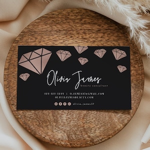 KIRA Visitenkarte Vorlage, Rose Gold Diamant Visitenkarten Printable, Schmuck Visitenkarten Sofort Download, Black Glam Branding DIY