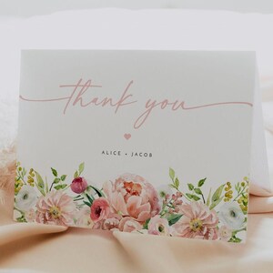 Modelo de cartão de agradecimento floral blush, cartão de agradecimento para chá da tarde para impressão, agradecimento para casamento no jardim, chá de bebê para festa de aniversário de primavera ALICE