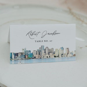 BOSTON Massachusetts Place Card Template, Boston Watercolor Skyline Wedding Guest Name Card, Adventure Travel Destination Wedding Escort