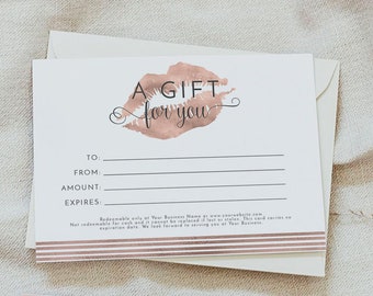 FLEUR Gift Certificate, Printable Gift Card, Rose Gold Lips Small Business Branding, Makeup Artist Cosmetic Gift Cards, Instant Editable